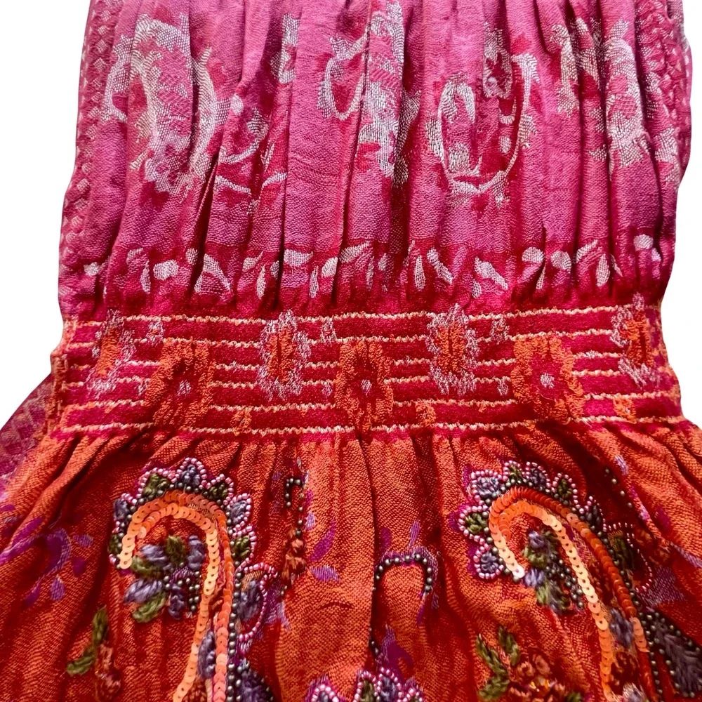 Tolani 100% Pure Silk Scarf Pink Orange Paisley Embroidered Sequin Beaded Fringe